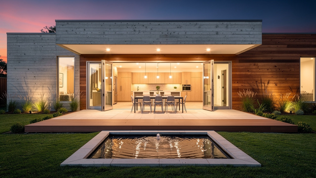 AI rendered contemporary residential home rear exterior at dusk
