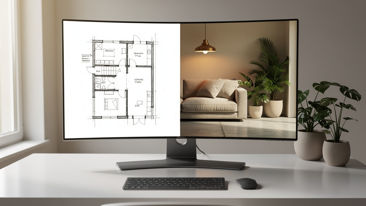 Monitor showing sketch to photorealistic interior render comparison