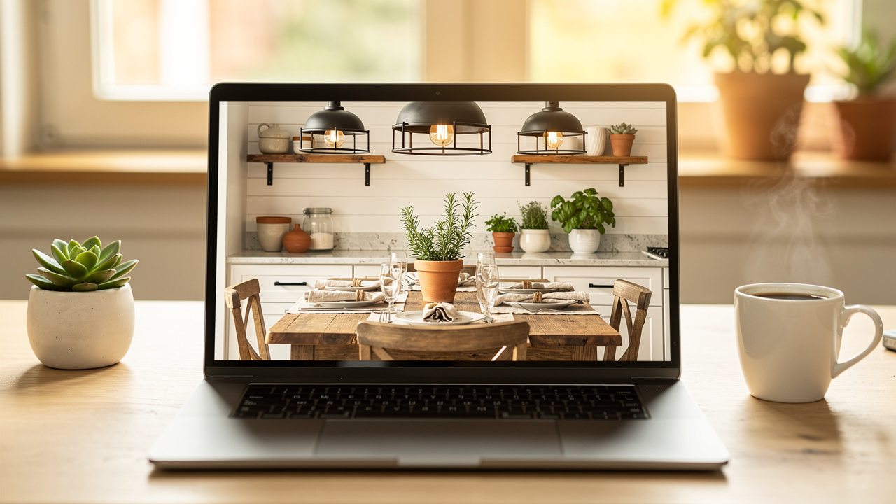 AI staging tool showing photorealistic farmhouse kitchen design on laptop