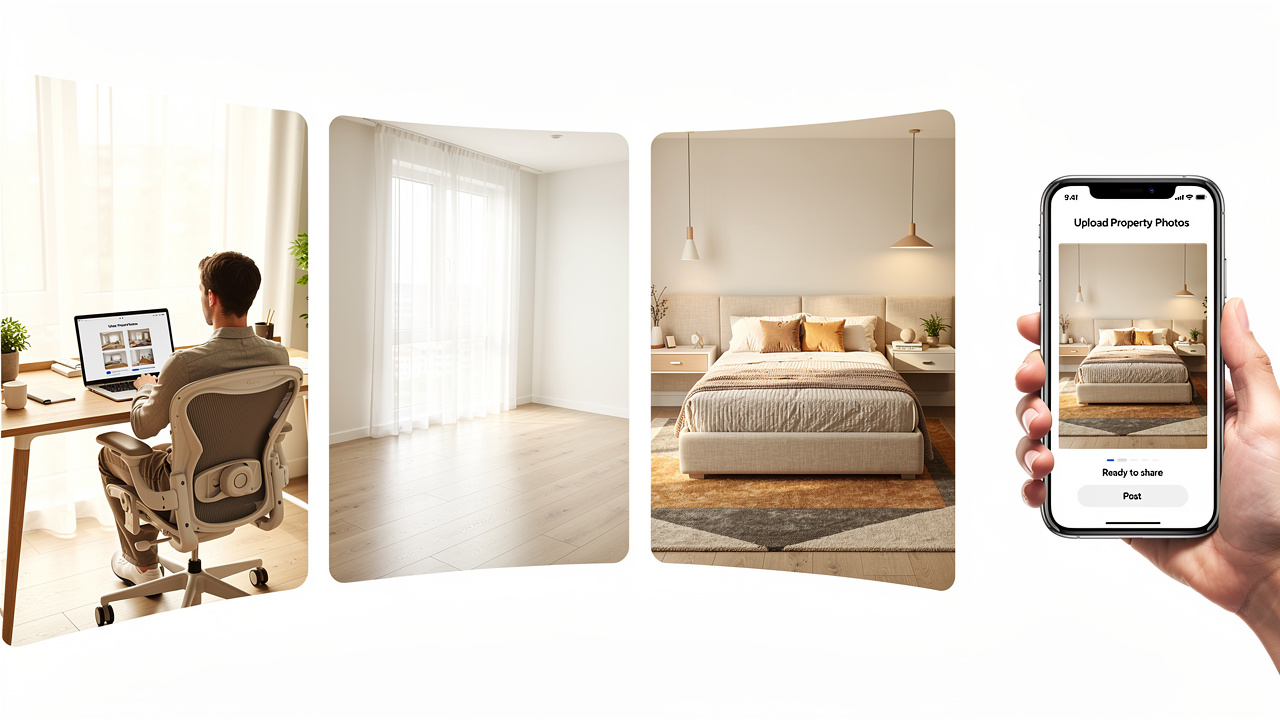 Step-by-step AI virtual home staging workflow from upload to download