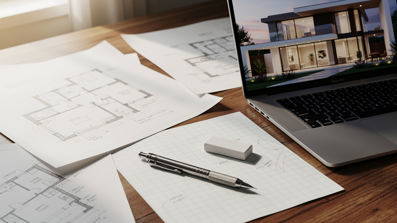 Architect desk with sketches and AI residential rendering on laptop