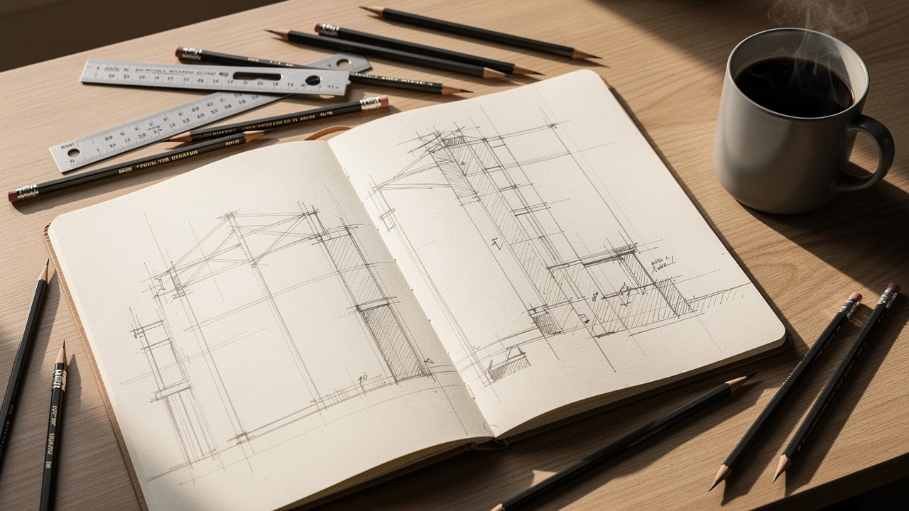 Architectural sketches in open notebook on designer's desk
