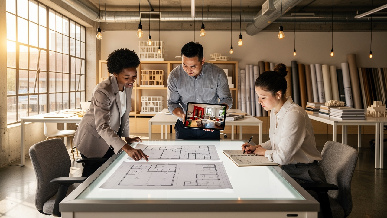 Architects and designers reviewing AI-generated renders together