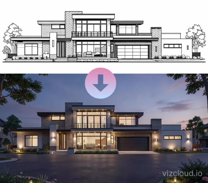 exterior dusk rendering before and after