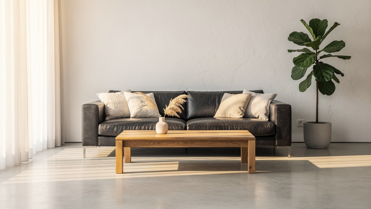 Minimalist living room interior with concrete floor and leather sofa