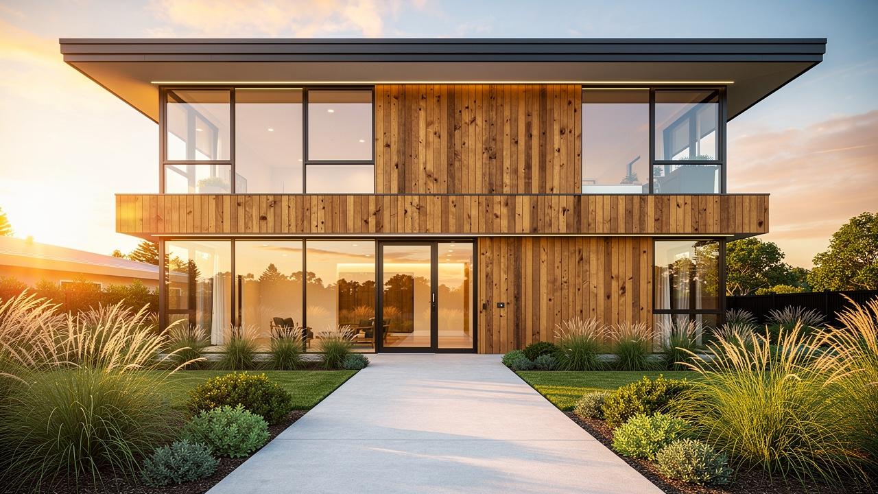 Modern home exterior with cedar siding at golden sunset