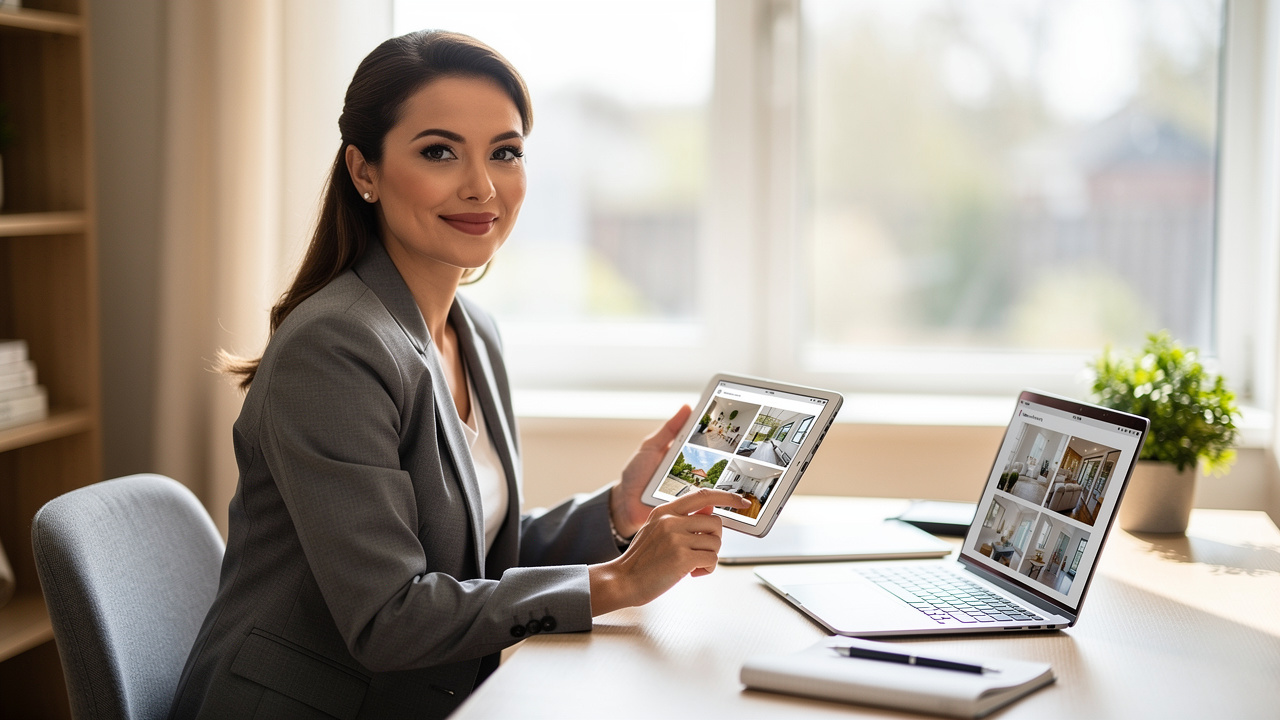 Real estate agent reviewing virtual staging listing photos on tablet