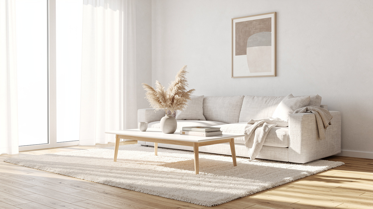 Bright Scandinavian interior living room AI rendered photorealistic view