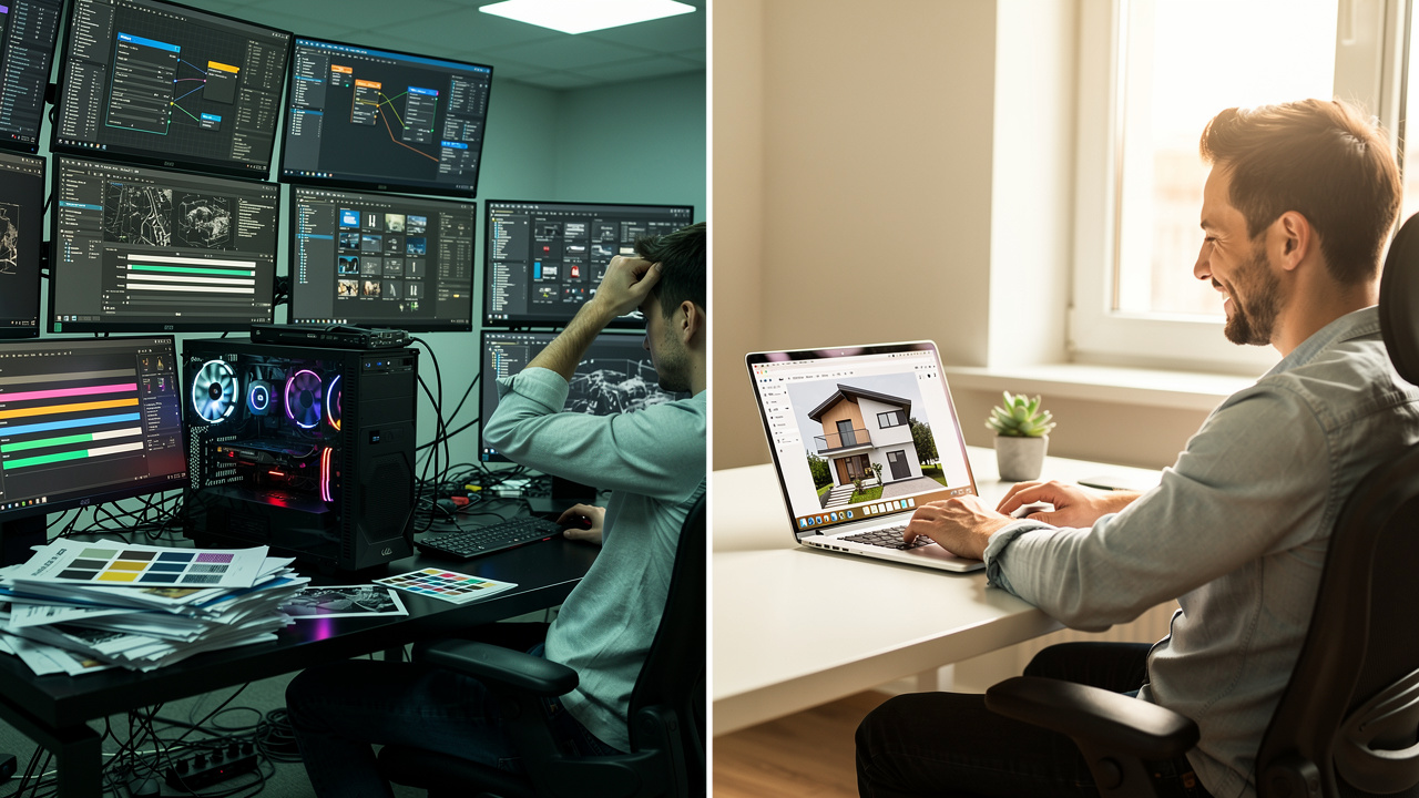 Traditional rendering workstation versus streamlined AI rendering workflow comparison
