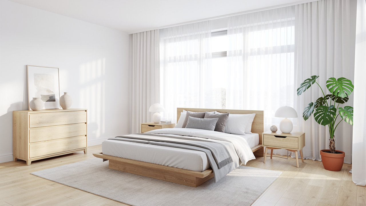 Virtually staged Scandinavian style master bedroom with natural light