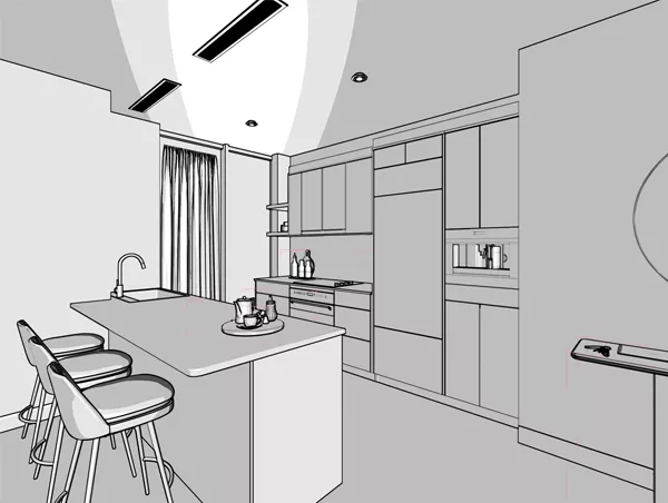 interior sketch of a kitchen