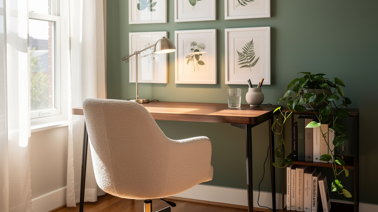 Cozy AI-staged home office nook in bright apartment setting