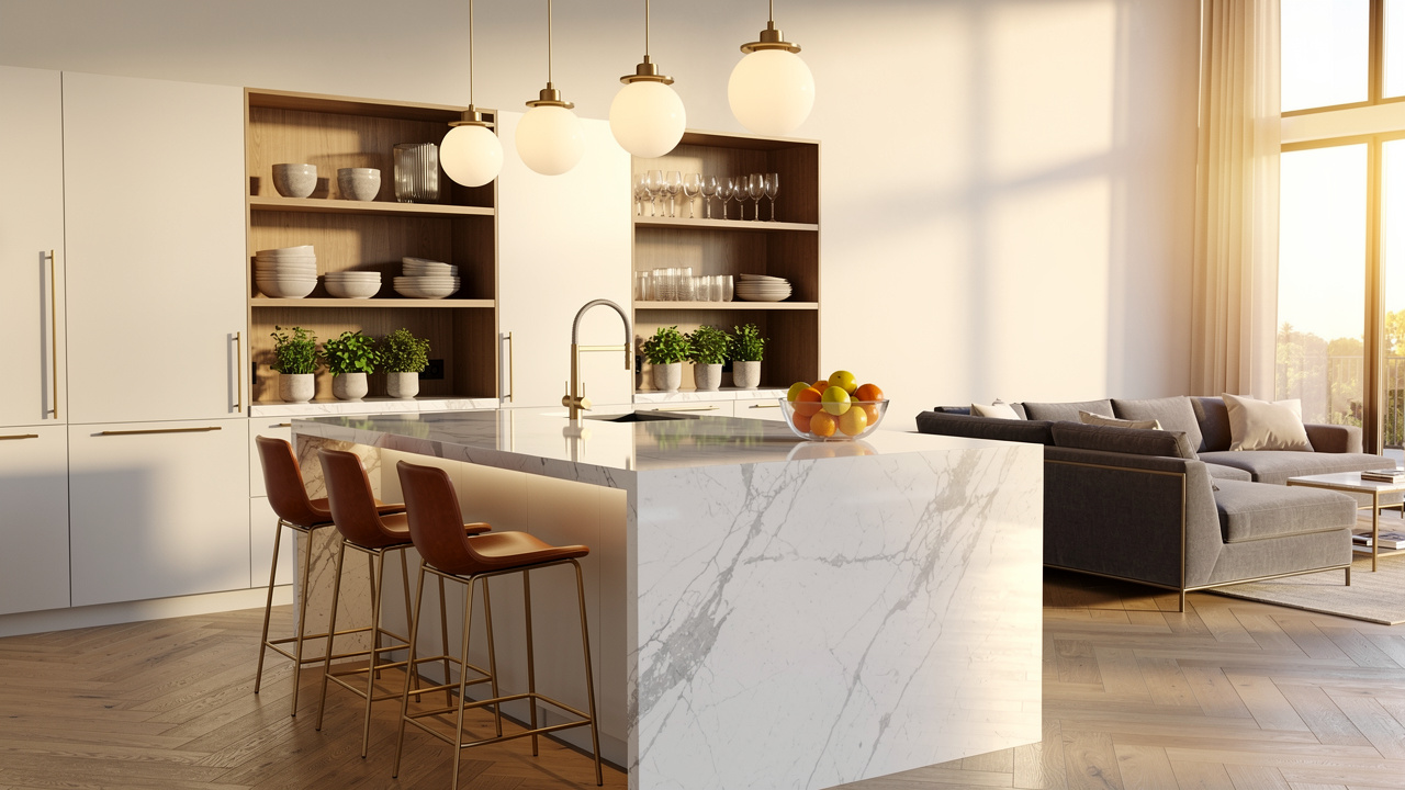 AI-staged open-plan kitchen and living area with modern furnishings