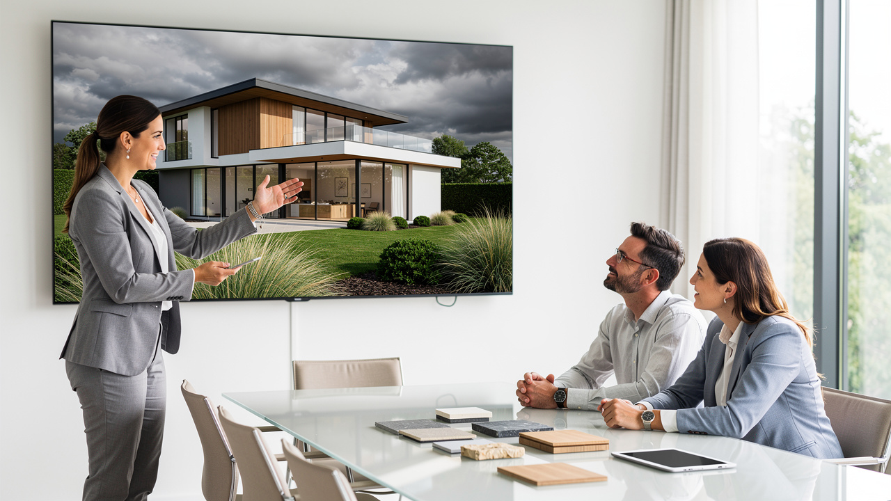 Architect presenting AI architectural render to clients in modern meeting room