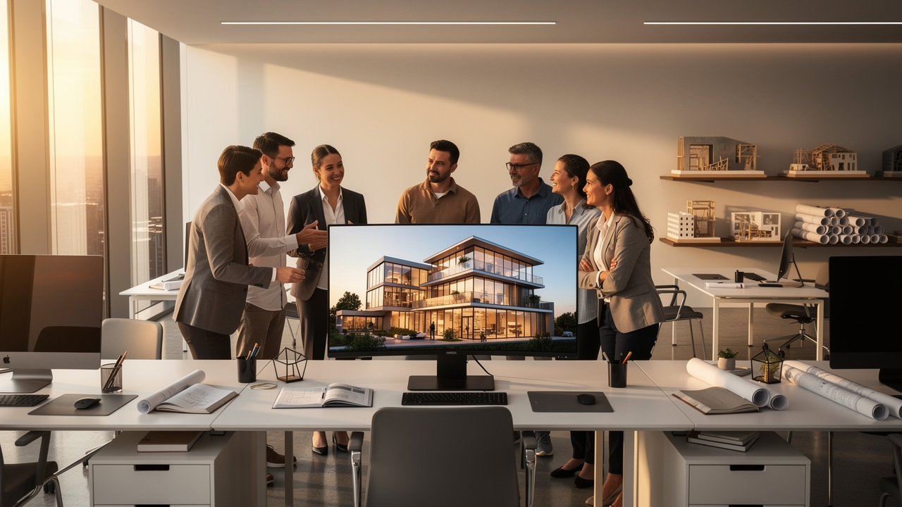 Design team collaborating around AI architectural render on monitor