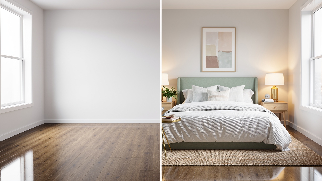 Empty bedroom compared to professionally staged bedroom interior