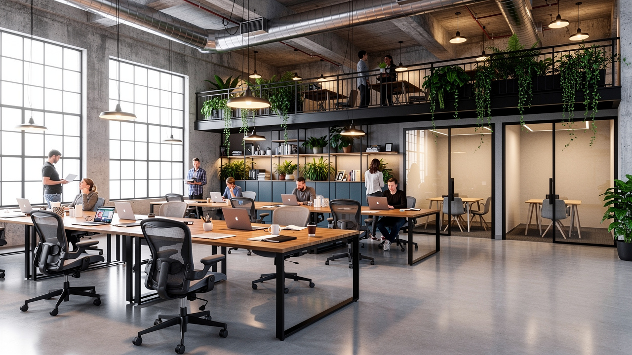 Industrial loft tech office interior with polished concrete floors and warm lighting