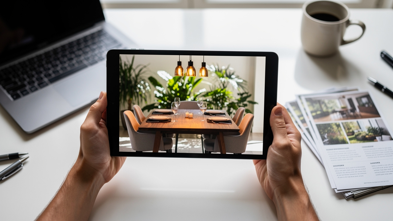 Real estate agent reviewing AI-staged property photos on tablet