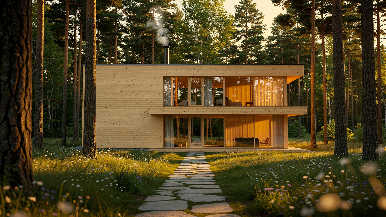Scandinavian minimalist house with floor-to-ceiling glass at golden hour