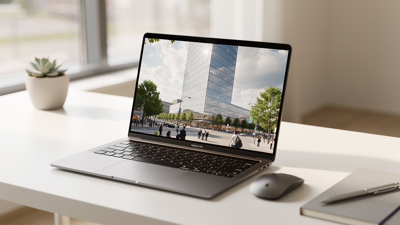 Architectural animation walkthrough displayed on modern laptop