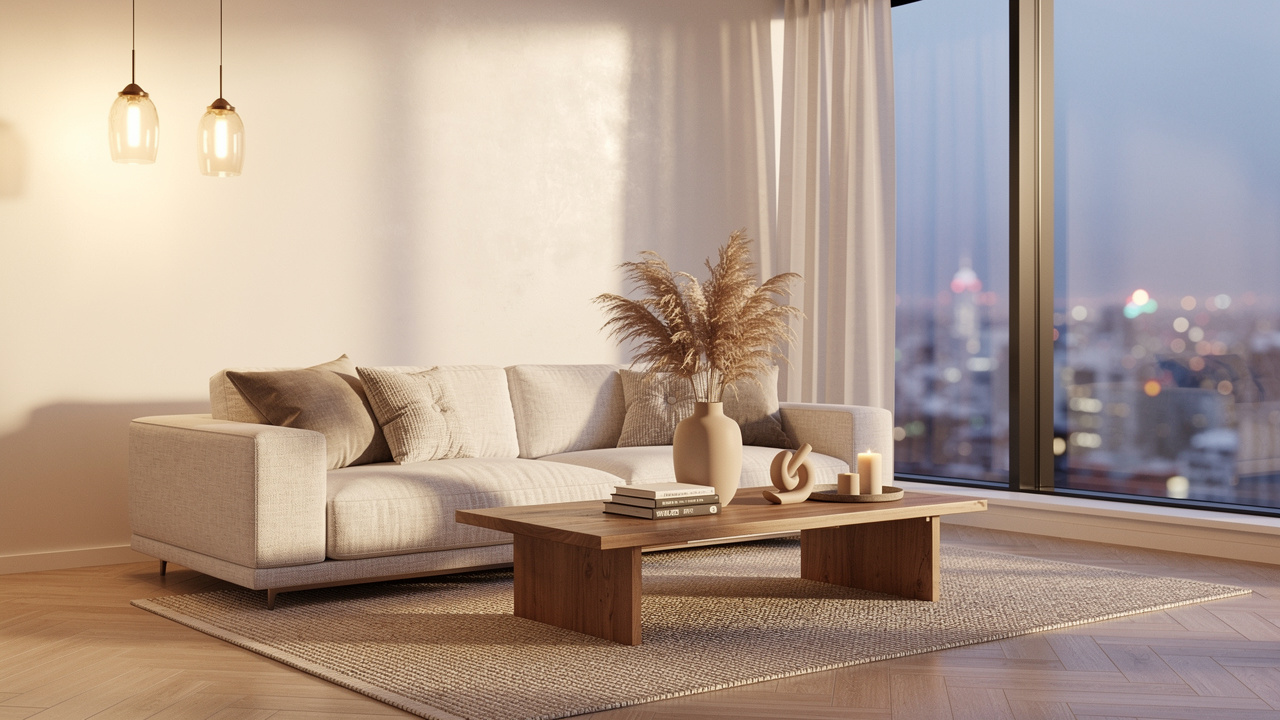 AI-staged modern living room with warm ambient lighting and decor