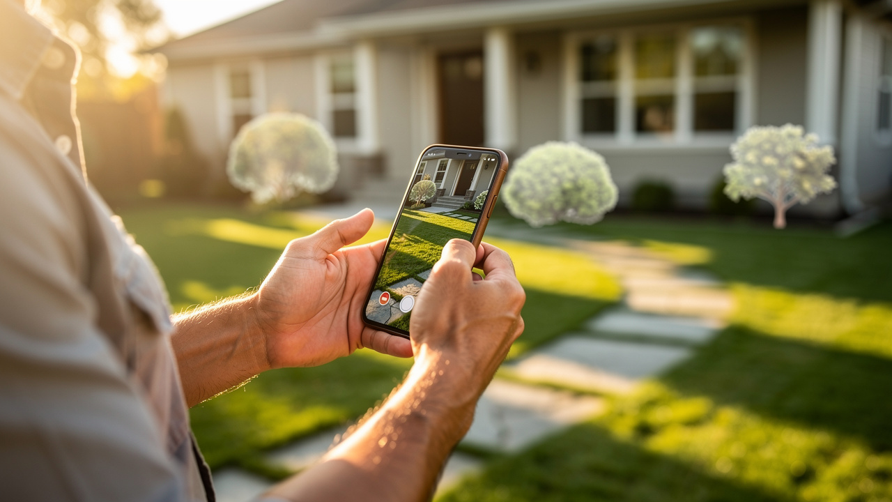 Designer using augmented reality app to preview yard landscaping outdoors