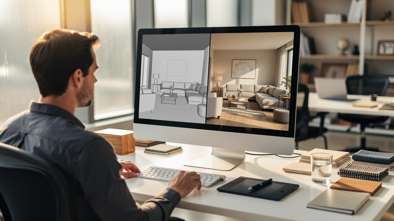 Architect reviewing AI interior rendering on studio monitor