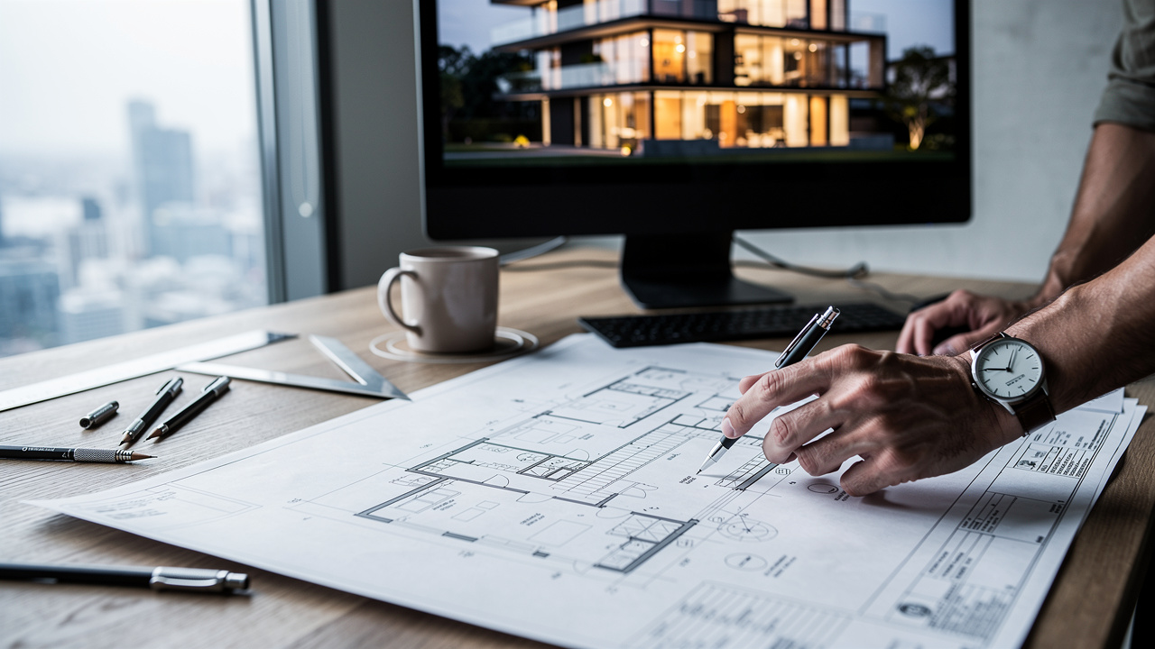 Architect reviewing floor plans and 3D rendering on screen