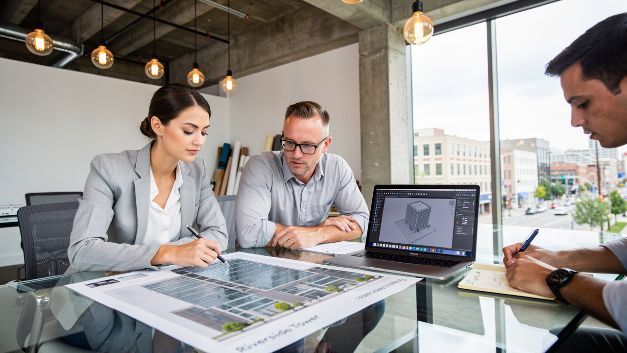 Design team reviewing photorealistic renders during client meeting