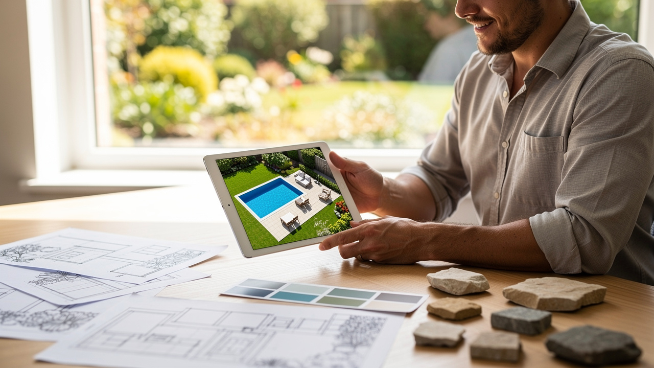 Landscape designer reviewing yard layout on a tablet device