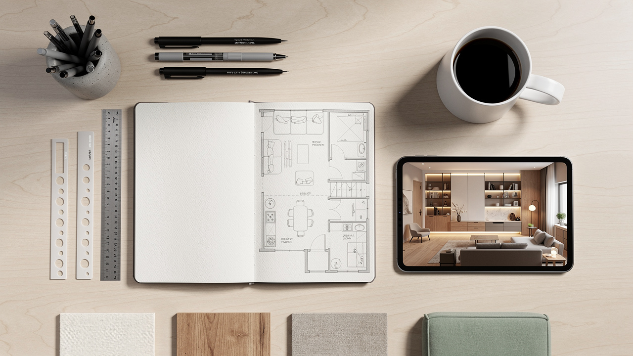 Designer workspace with floor plan sketches and AI render on tablet