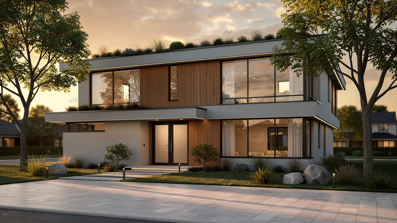 Photorealistic AI exterior render of a modern residential home at sunset