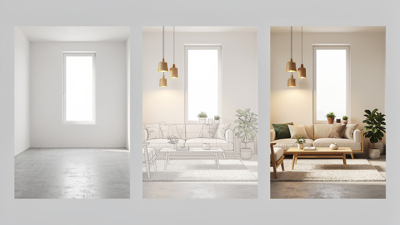 Interior design progression from empty room to styled space
