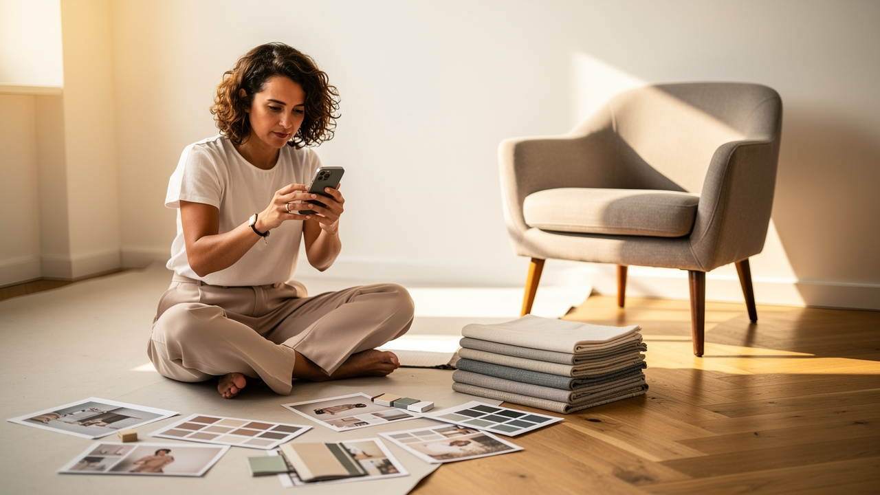 Interior designer photographing room corner for AI design input
