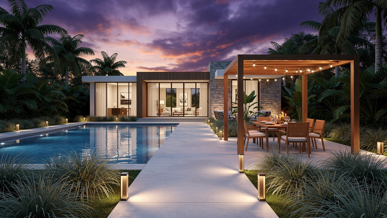 Photorealistic AI-rendered backyard pool and outdoor living space at dusk