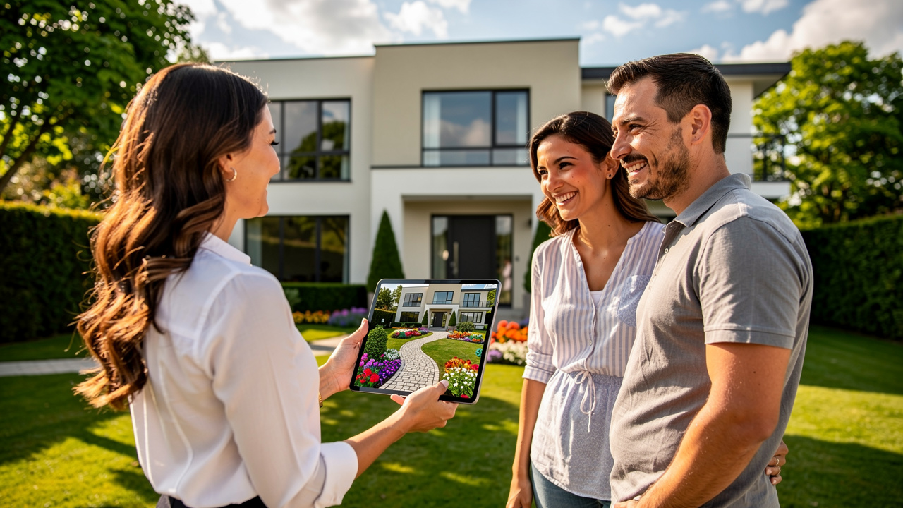Real estate agent presenting yard design preview to prospective homebuyers