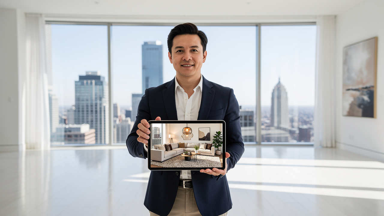 Real estate agent showing virtual staging on tablet in empty apartment