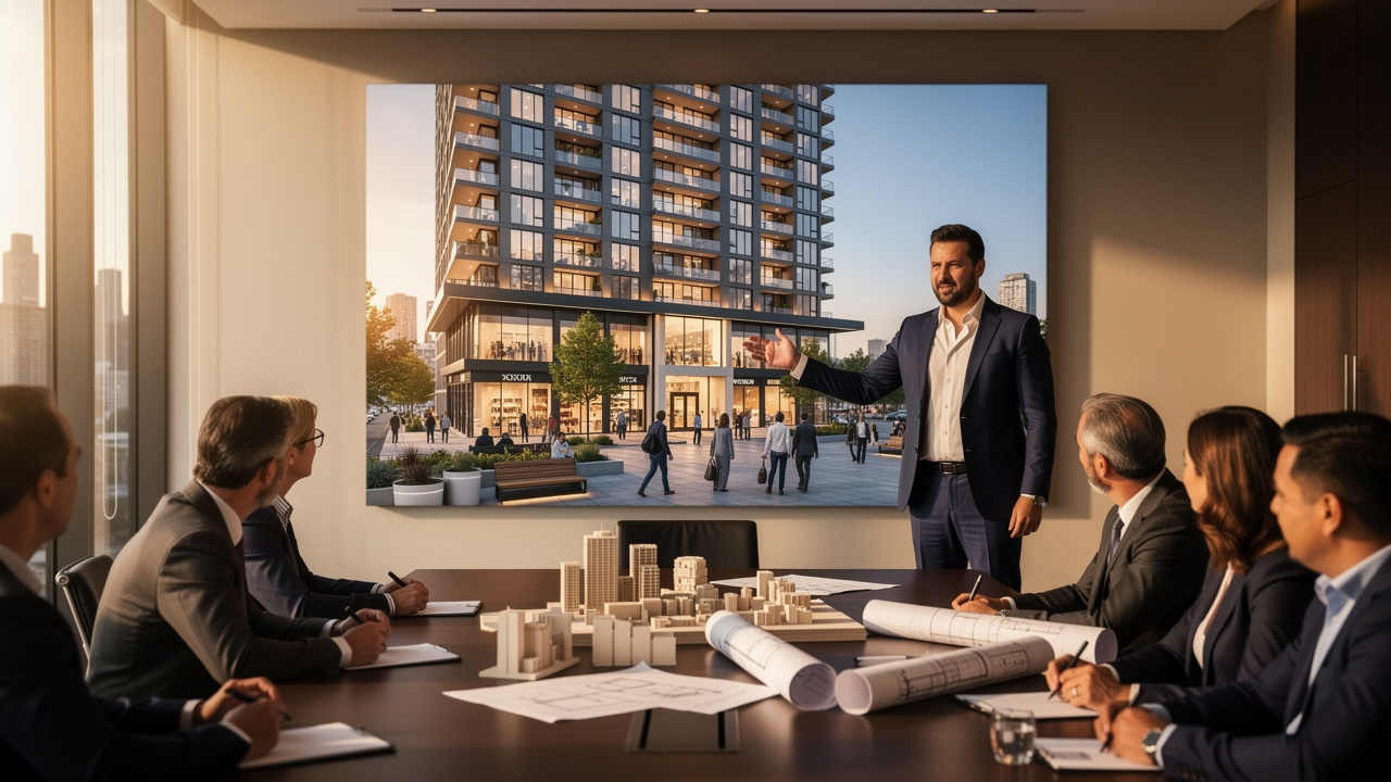 Developer presenting photorealistic building rendering to investors