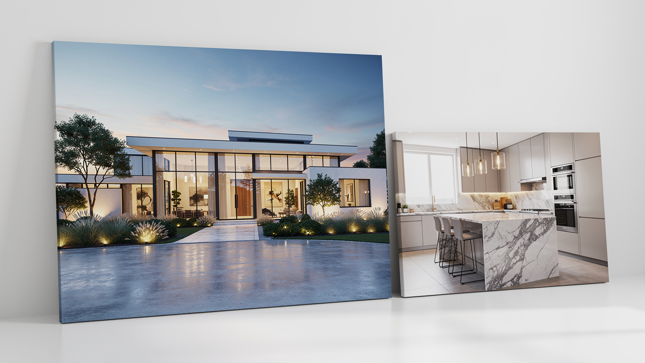 Luxury residential exterior and interior 3D renderings on display