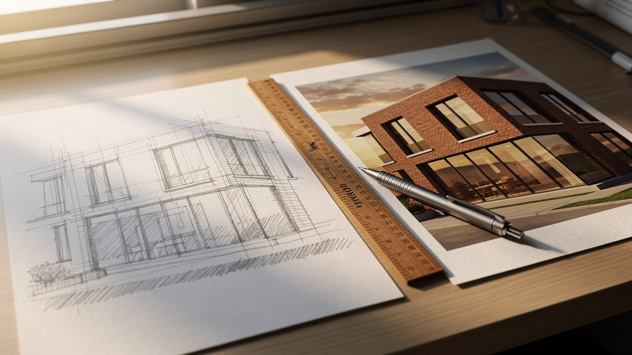 Hand-drawn sketch beside a photorealistic AI-rendered building facade