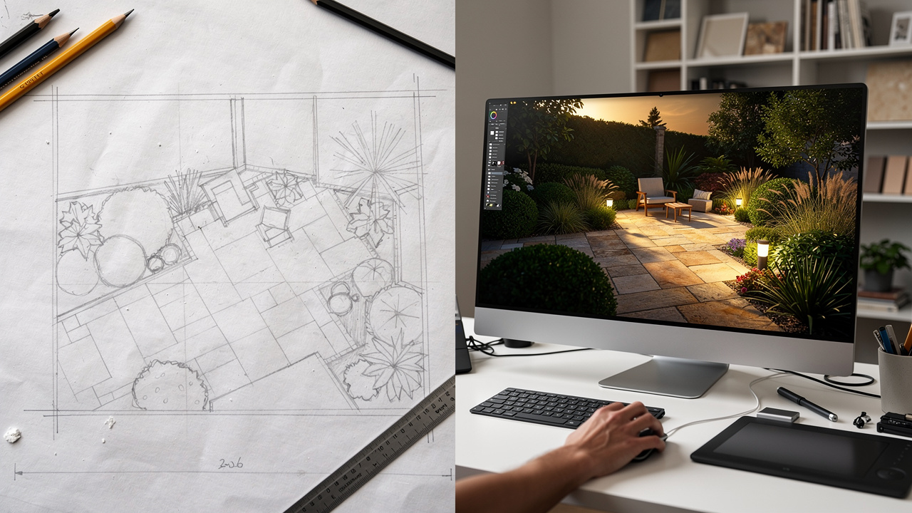 Before and after comparison of yard sketch versus photorealistic AI render