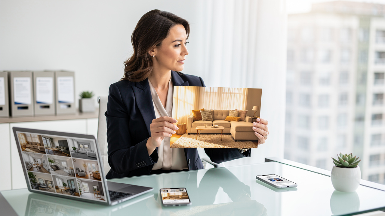 Real estate agent holding AI virtual staging photo for listing