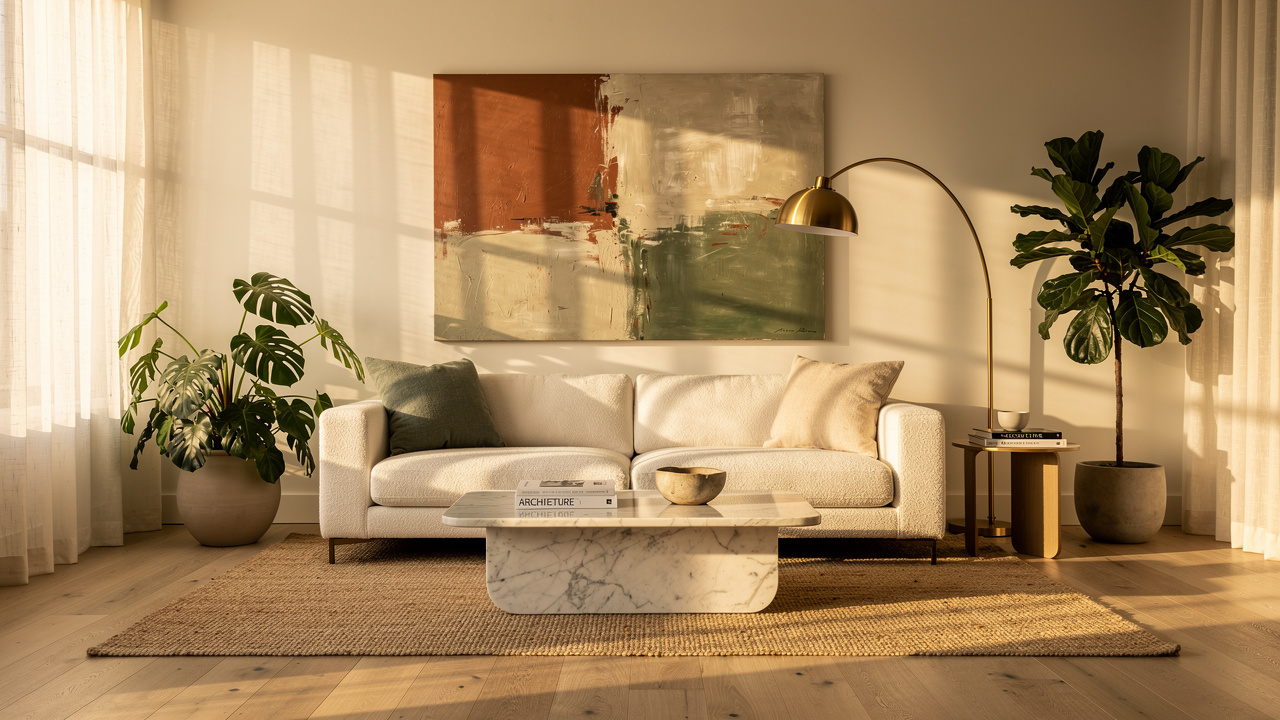 Photorealistic AI-rendered Scandinavian contemporary living room